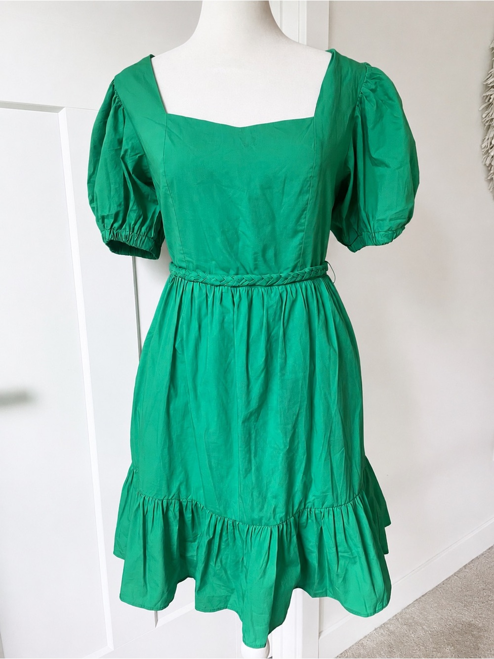 English Factory Emerald Green Puff Sleeve Cotton Mini Dress w/ Braided Belt